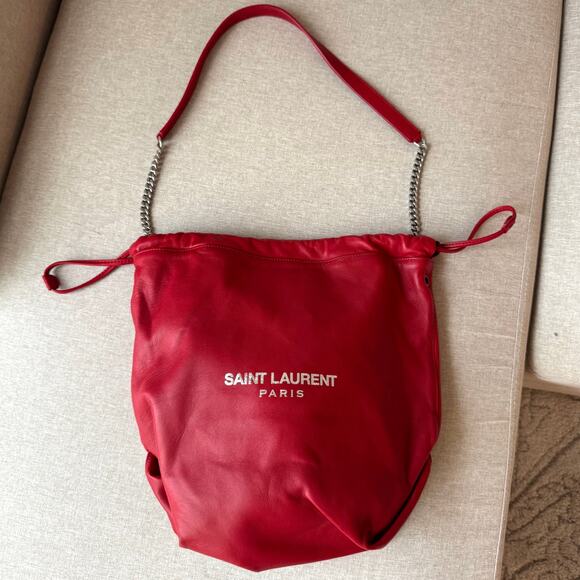 Saint Laurent Teddy Red Leather Bucket Bag NEW Silver YSL Logo Shoulder Bag - Picture 9 of 9